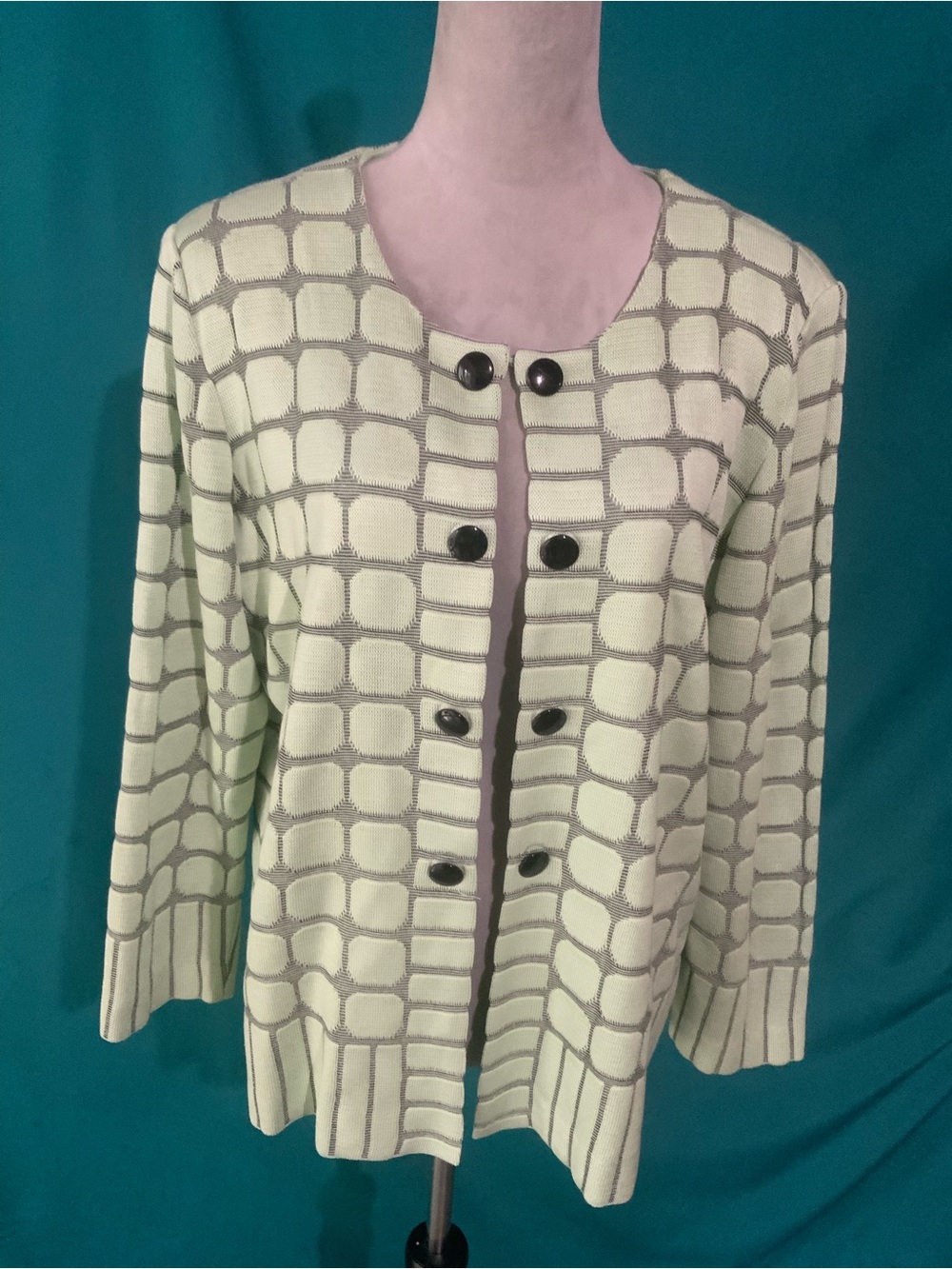 Ming Wang Mint Green and Gray Grid-Pattern Button Cardigan